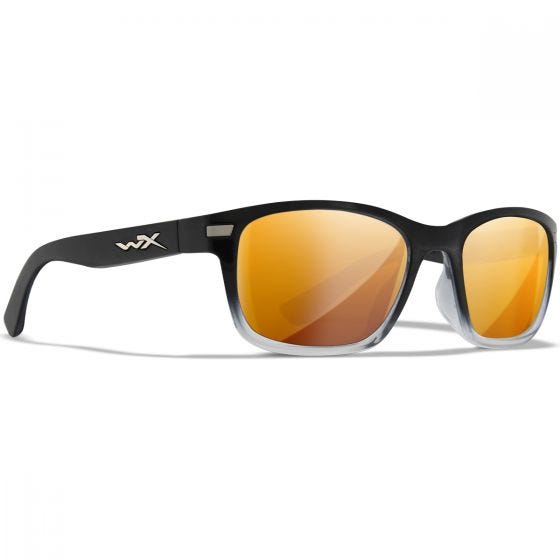 Wiley X WX Helix Glasses - Captivate Polarized Bronze Mirror Lenses / Gloss Black Fade to Clear Crystal